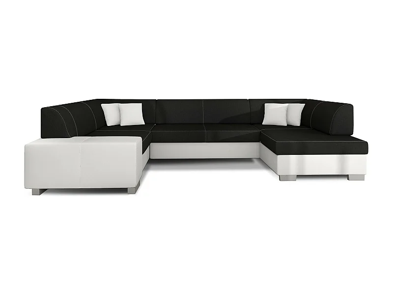 Canapé convertible panoramique bi matières tissu noir et simili cuir blanc avec coffre de rangement Houston 320cm-Coffre de rangement à droite