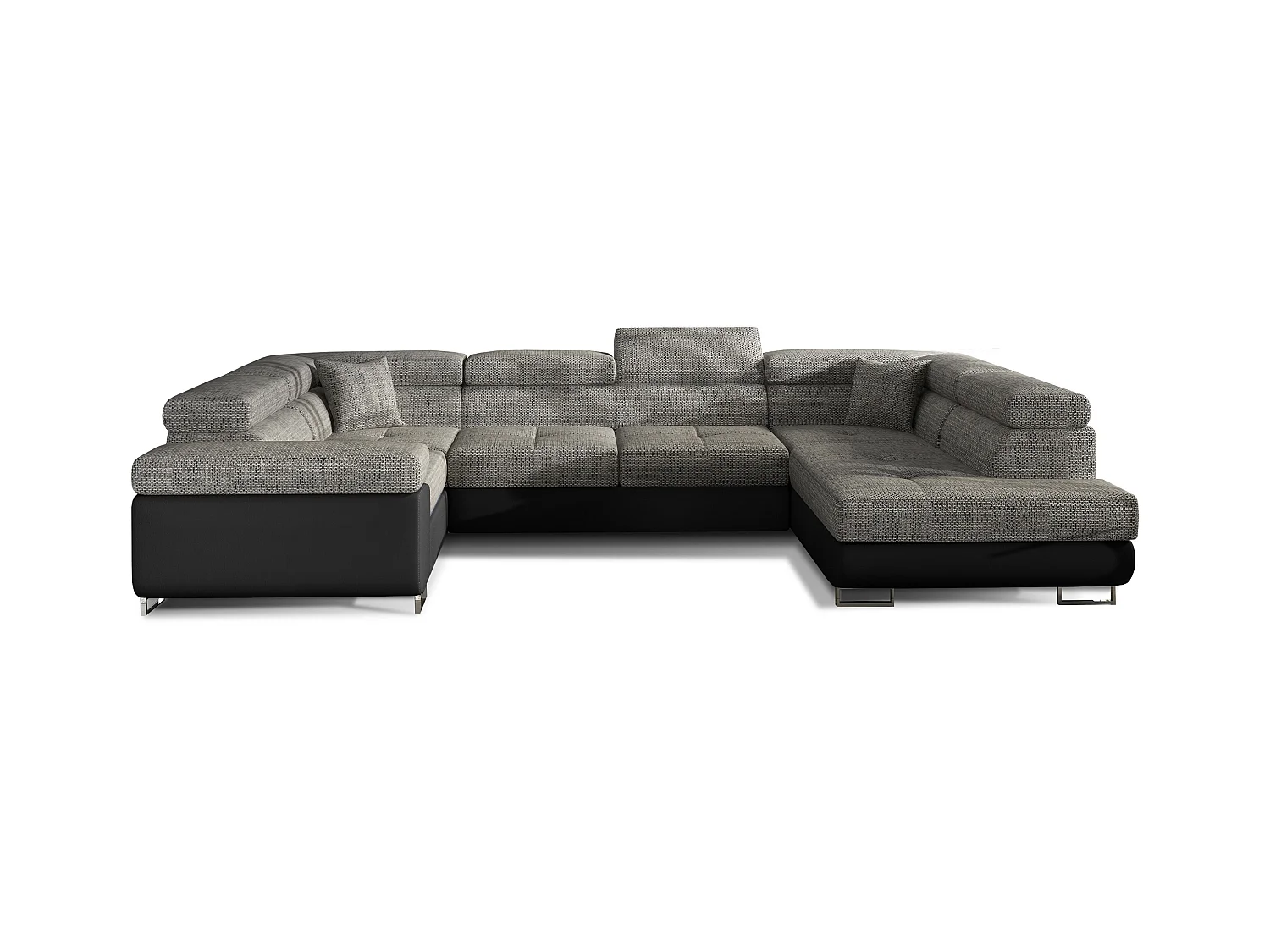 Canapé convertible U droit tissu gris chiné et simili noir avec coffre de rangement Tovy 340cm