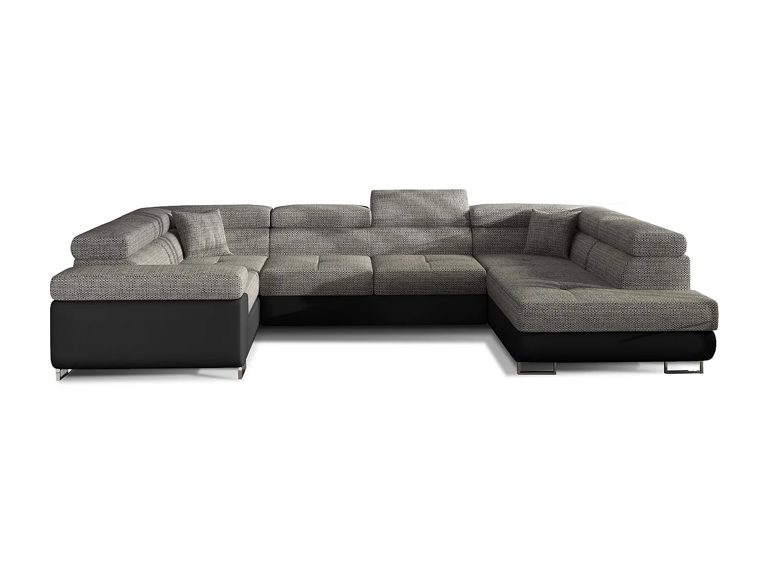 Canapé convertible U droit tissu gris chiné et simili noir avec coffre de rangement Tovy 340cm