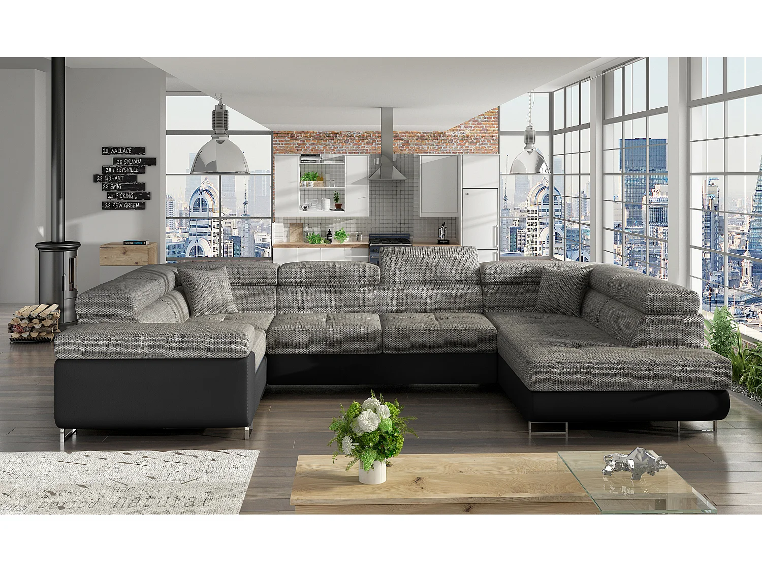 Canapé convertible U droit tissu gris chiné et simili noir avec coffre de rangement Tovy 340cm