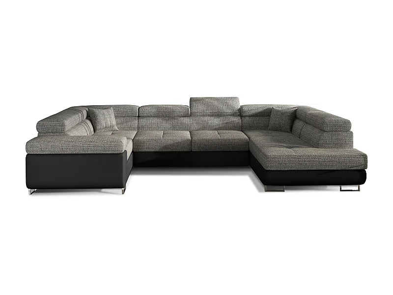 Canapé convertible U droit tissu gris chiné et simili noir avec coffre de rangement Tovy 340cm