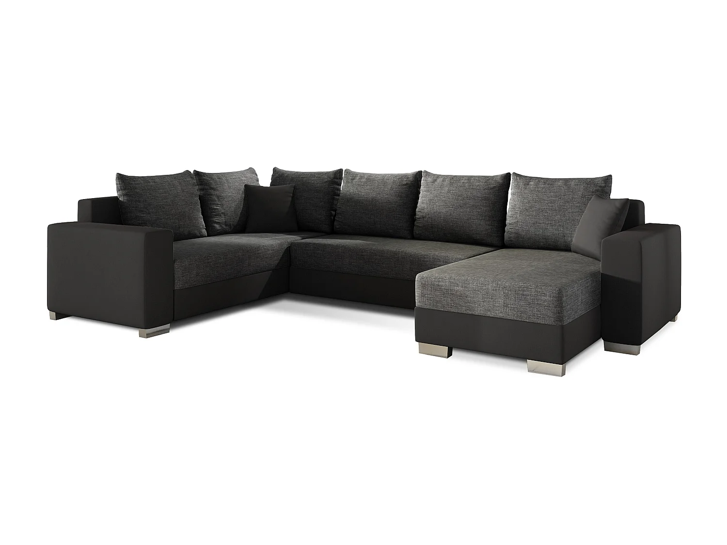 Canapé U convertible tissu gris foncé et simili noir coffre de rangement à droite Marry 321cm