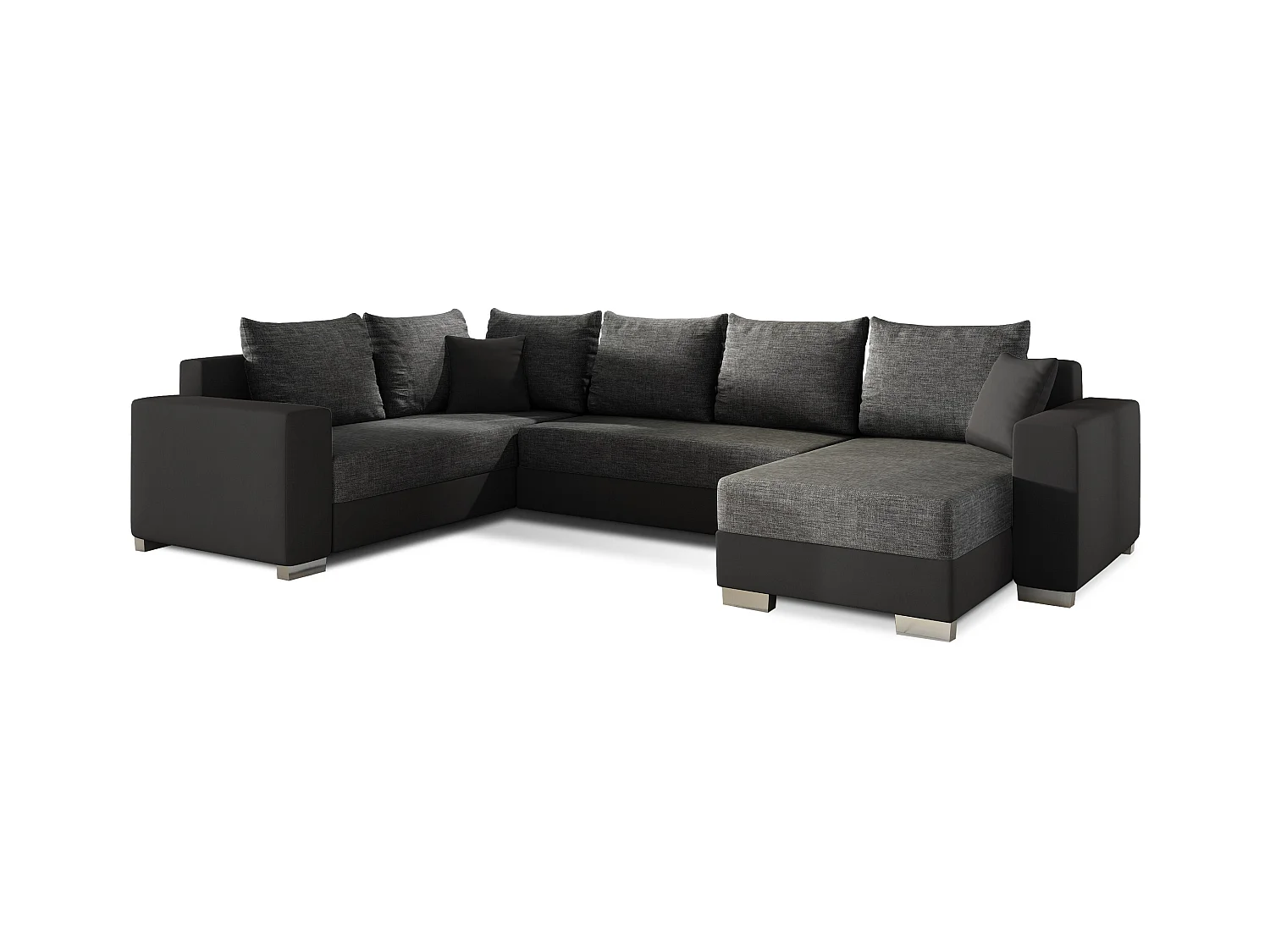Canapé U convertible tissu gris foncé et simili noir coffre de rangement à droite Marry 321cm