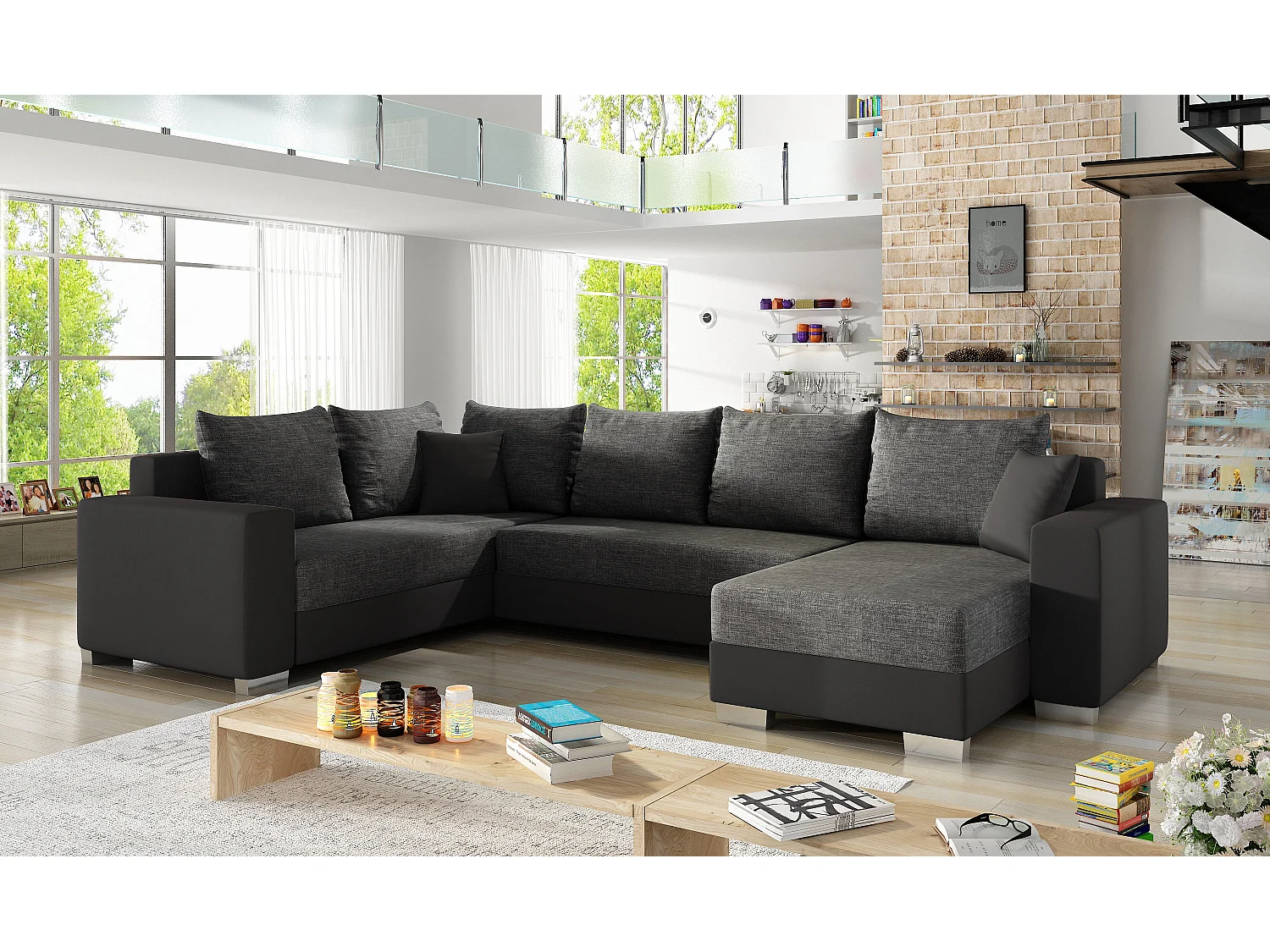 Canapé U convertible tissu gris foncé et simili noir coffre de rangement à droite Marry 321cm