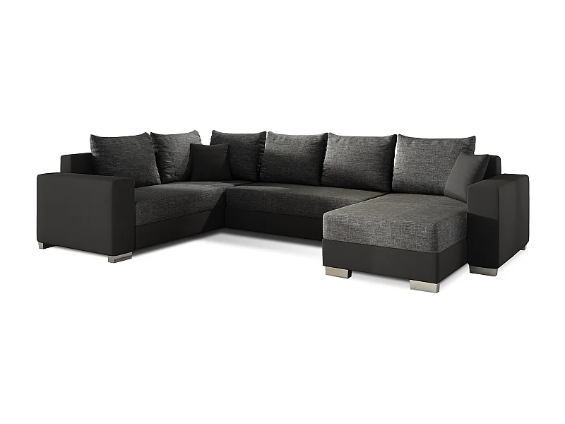 Canapé U convertible tissu gris foncé et simili noir coffre de rangement à droite Marry 321cm