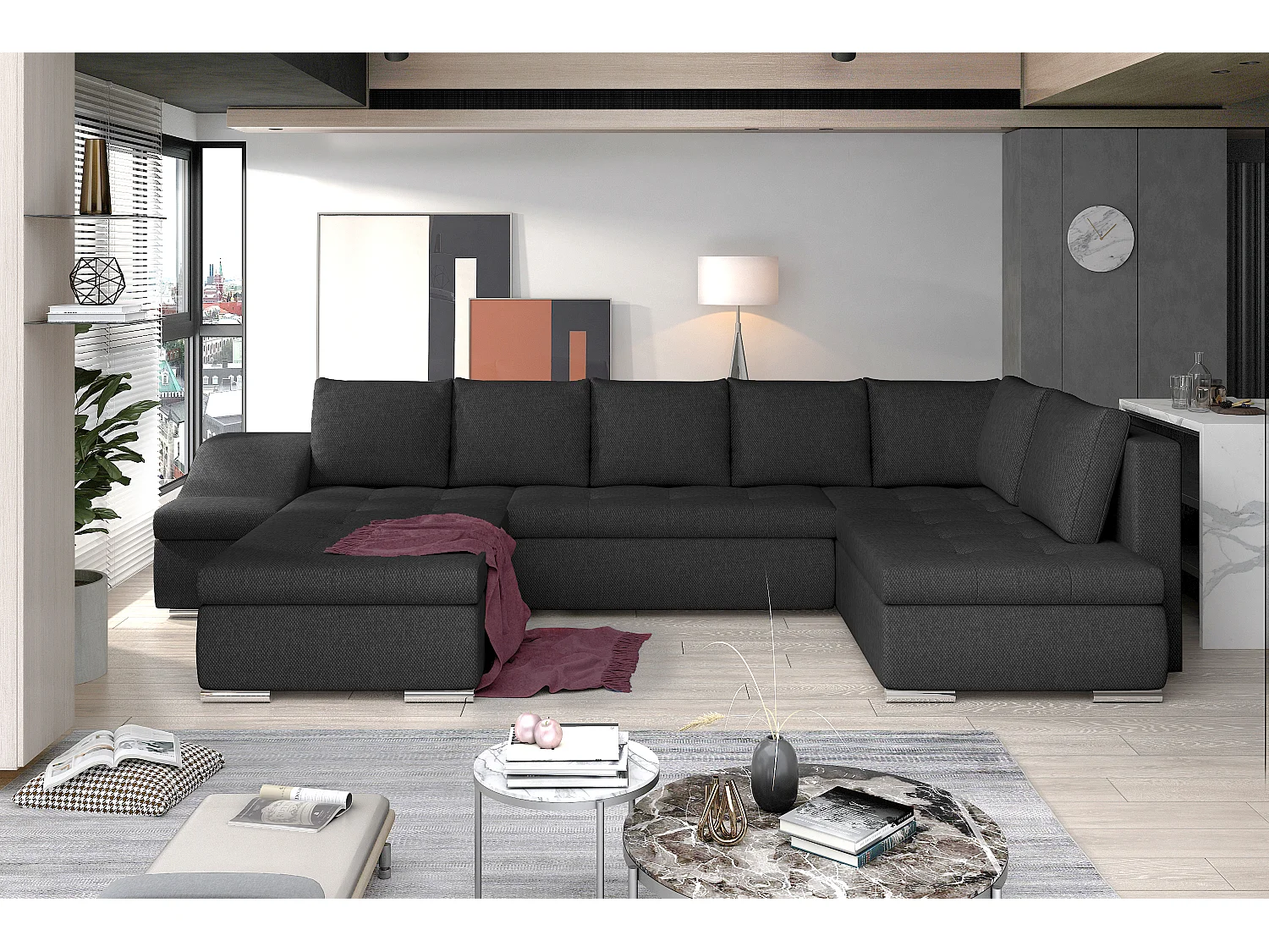 Canapé panoramique convertible tissu gris foncé Jonaz 340cm-Méridienne A gauche