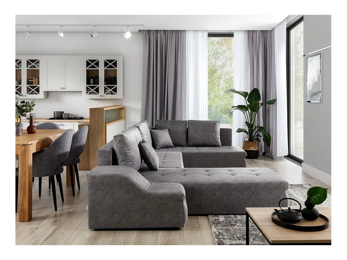 Canapé panoramique convertible velours bleu pétrole Jonaz 340cm-Méridienne A gauche