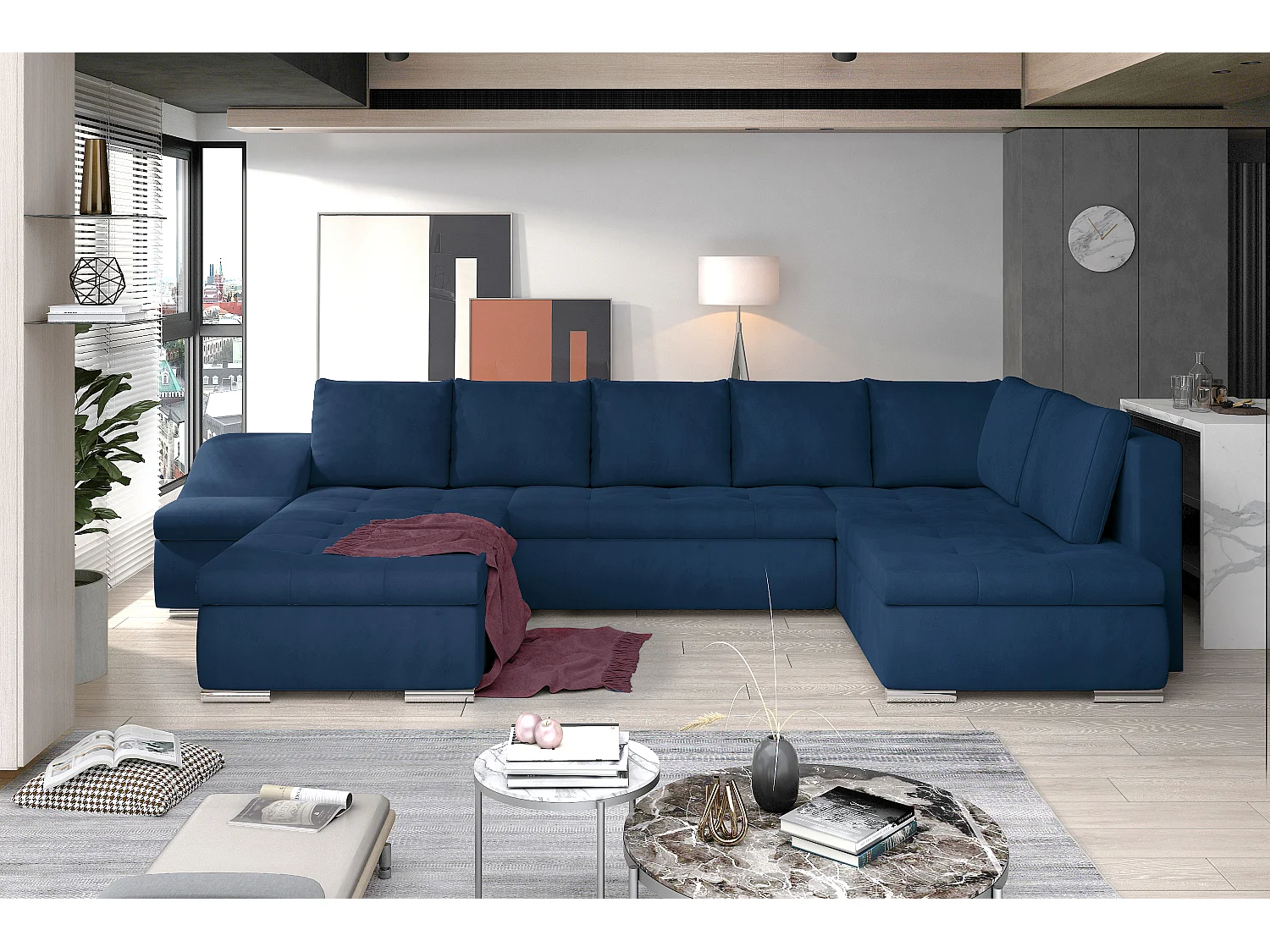 Canapé panoramique convertible velours bleu pétrole Jonaz 340cm-Méridienne A gauche