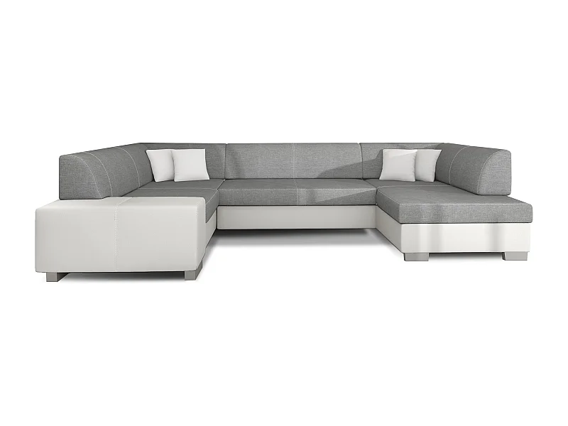 Canapé convertible panoramique bi matières tissu gris clair et simili cuir blanc avec coffre de rangement Houston 320cm-Coffre de rangement à droite