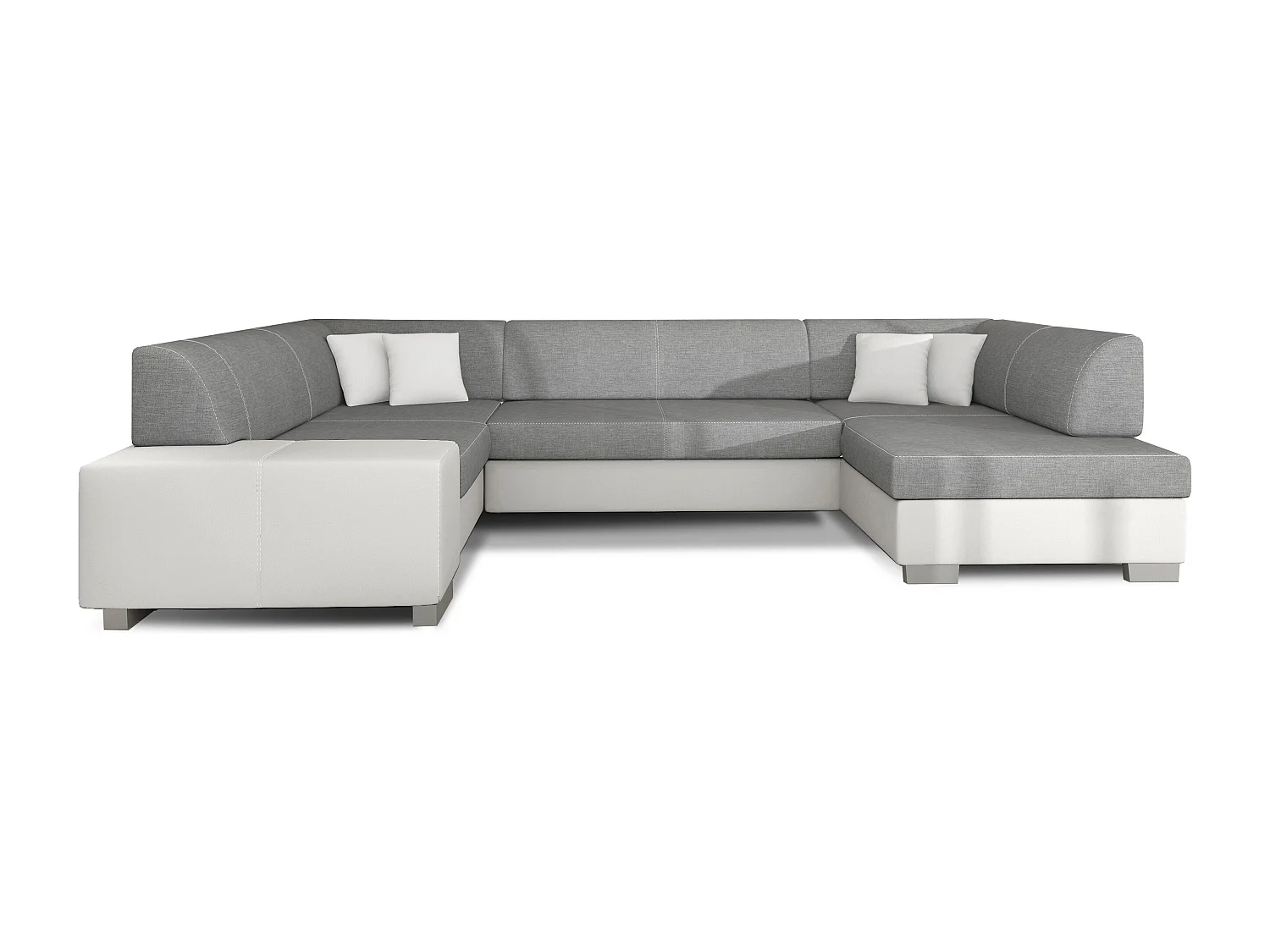 Canapé convertible panoramique bi matières tissu gris clair et simili cuir blanc avec coffre de rangement Houston 320cm-Coffre de rangement à droite