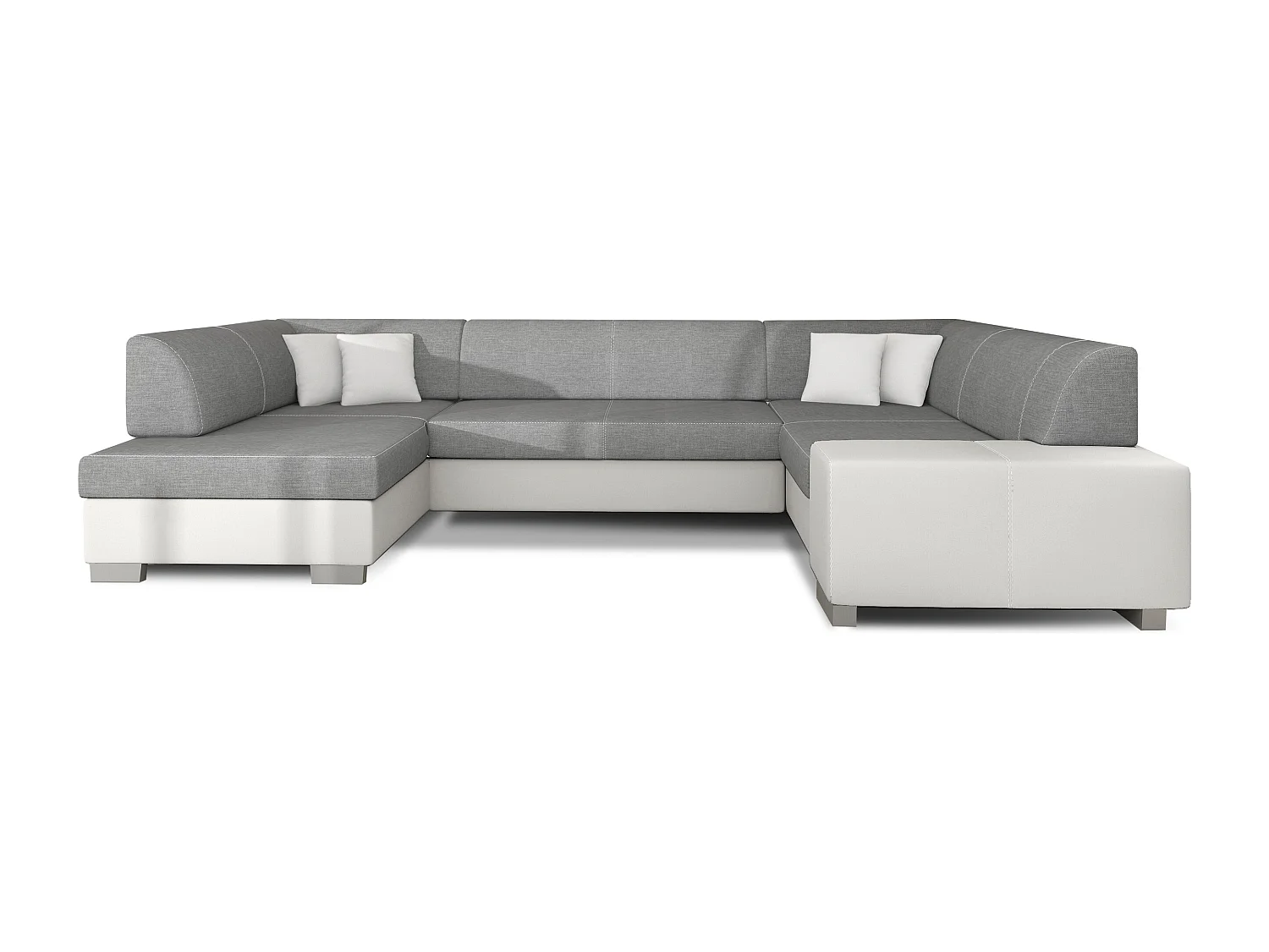 Canapé convertible panoramique bi matières tissu gris clair et simili cuir blanc avec coffre de rangement Houston 320cm-Coffre de rangement à droite