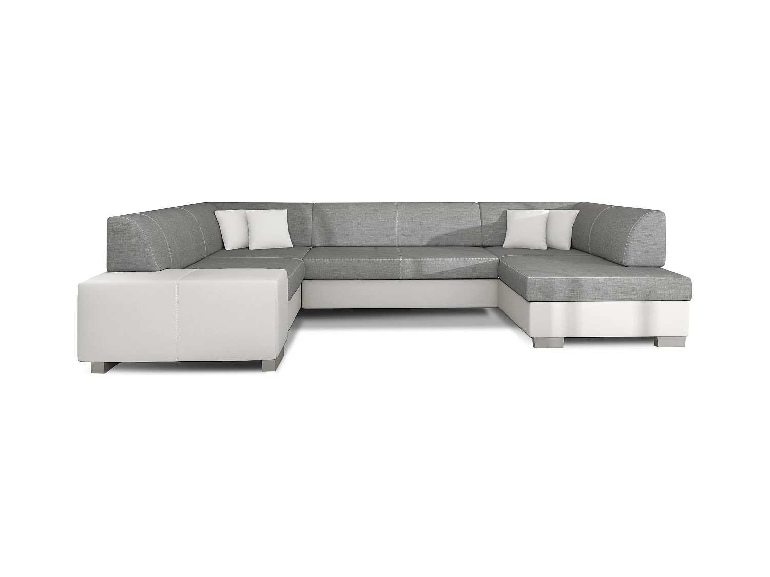 Canapé convertible panoramique bi matières tissu gris clair et simili cuir blanc avec coffre de rangement Houston 320cm-Coffre de rangement à droite