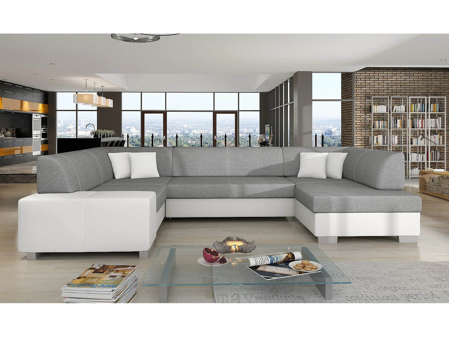 Canapé convertible panoramique bi matières tissu gris clair et simili cuir blanc avec coffre de rangement Houston 320cm-Coffre de rangement à droite