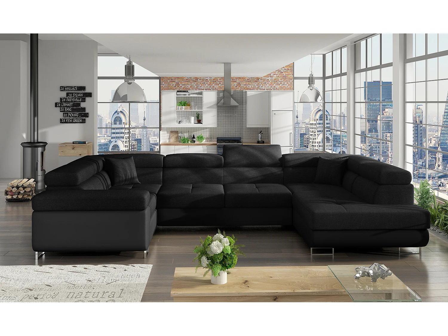 Canapé convertible U droit tissu et simili noir avec coffre de rangement Tovy 340cm