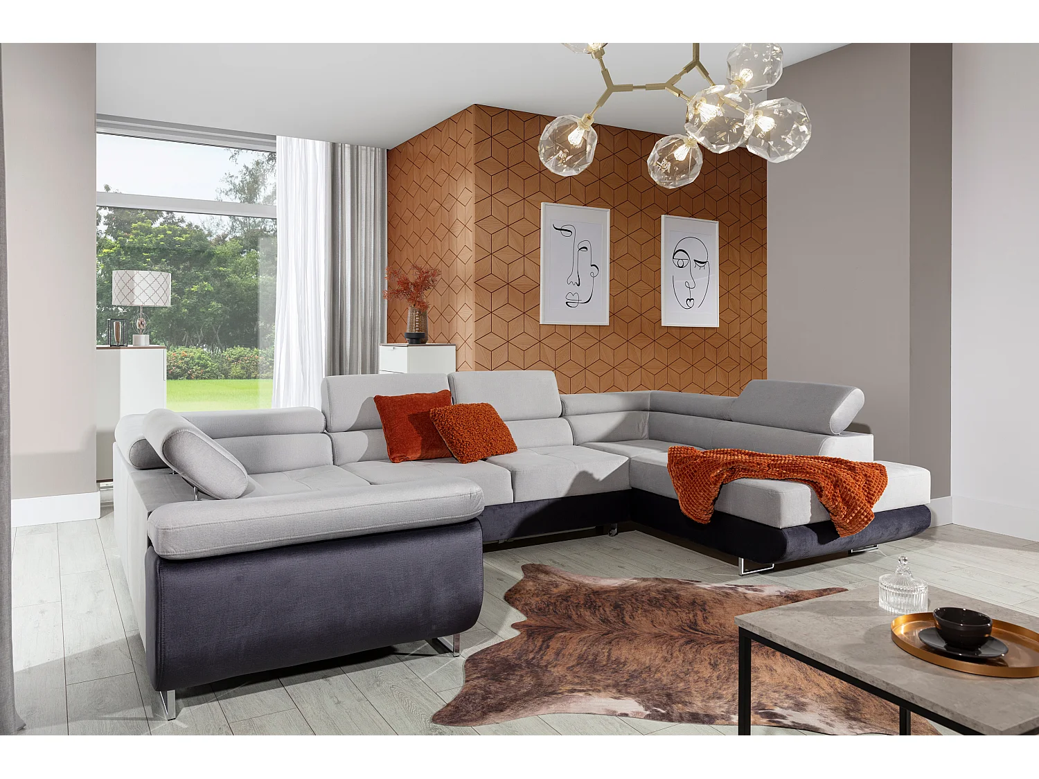 Canapé convertible U droit tissu et simili noir avec coffre de rangement Tovy 340cm