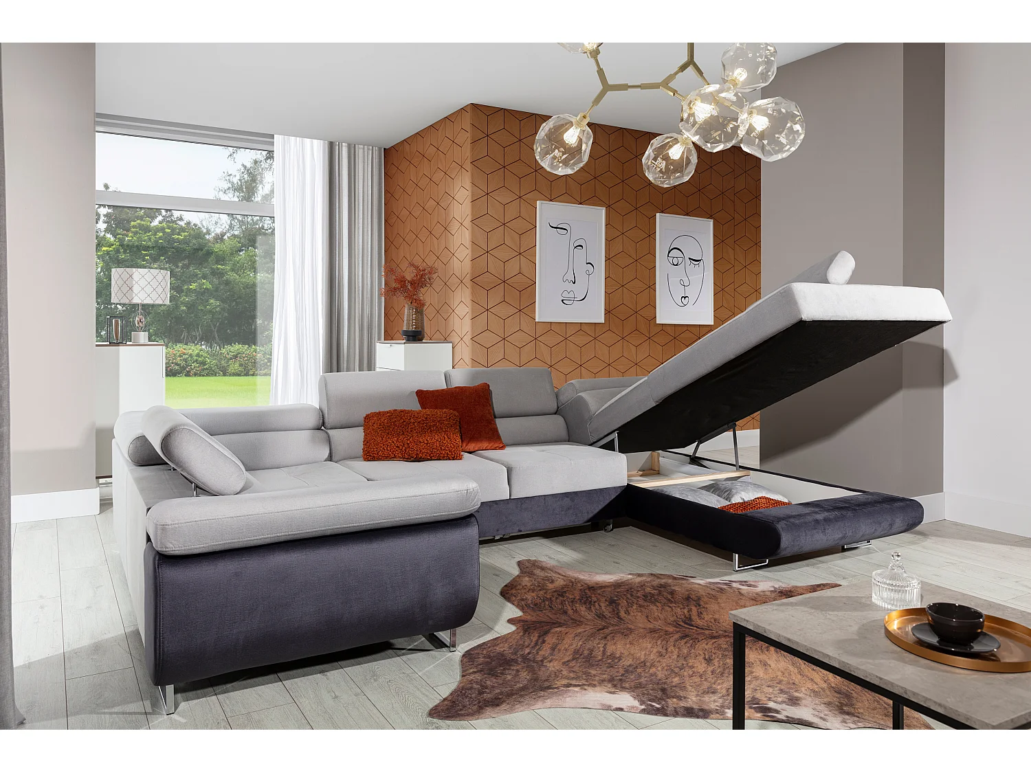 Canapé convertible U droit tissu et simili noir avec coffre de rangement Tovy 340cm