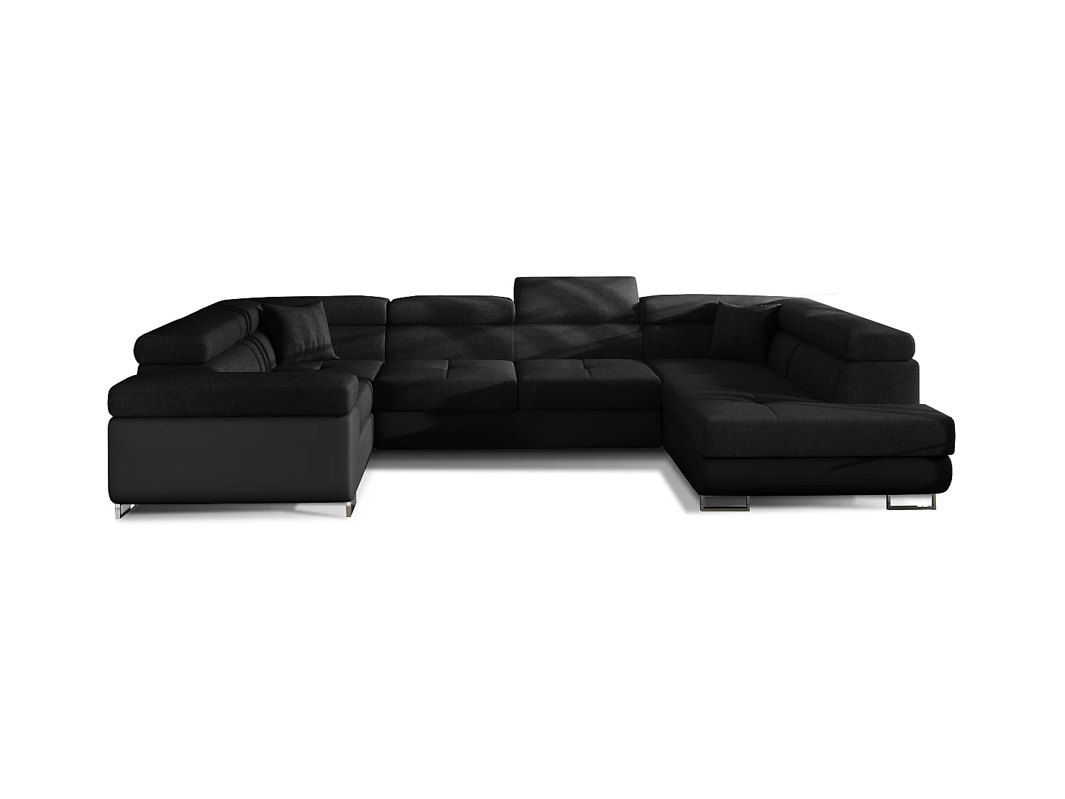 Canapé convertible U droit tissu et simili noir avec coffre de rangement Tovy 340cm