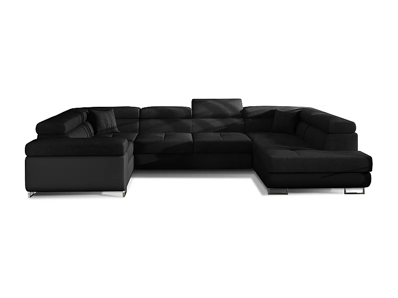 Canapé convertible U droit tissu et simili noir avec coffre de rangement Tovy 340cm
