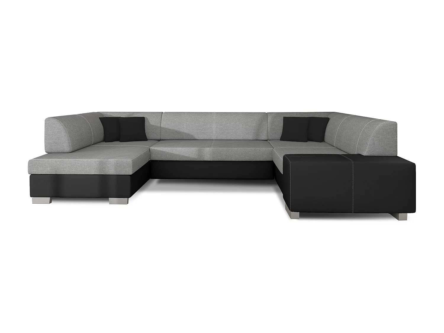 Canapé convertible panoramique bi matières tissu gris clair et simili cuir noir avec coffre de rangement Houston 320cm-Coffre de rangement à gauche