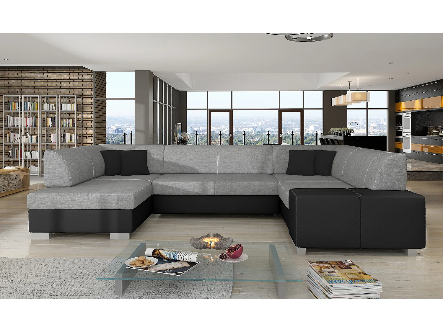 Canapé convertible panoramique bi matières tissu gris clair et simili cuir noir avec coffre de rangement Houston 320cm-Coffre de rangement à gauche