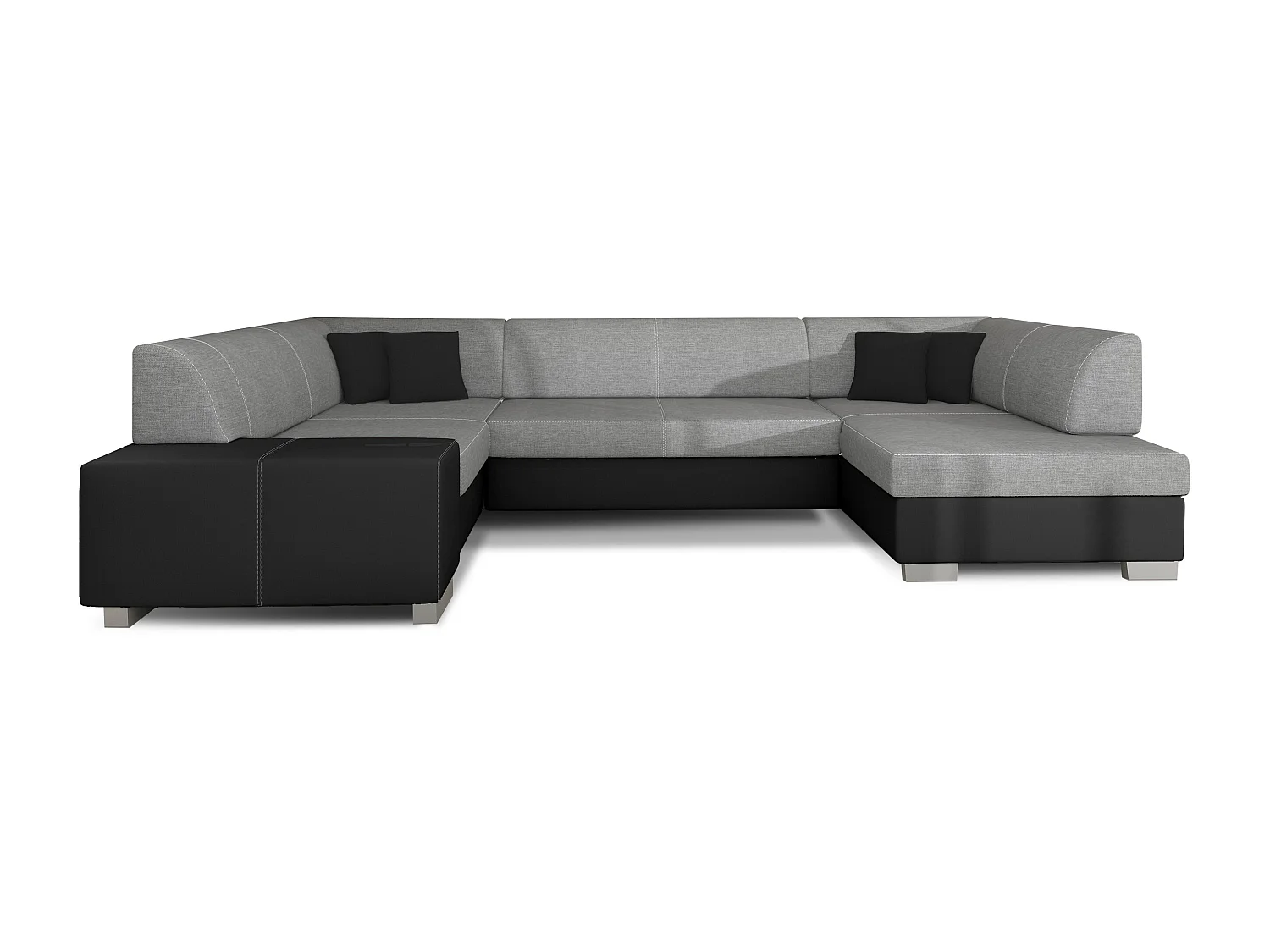 Canapé convertible panoramique bi matières tissu gris clair et simili cuir noir avec coffre de rangement Houston 320cm-Coffre de rangement à gauche