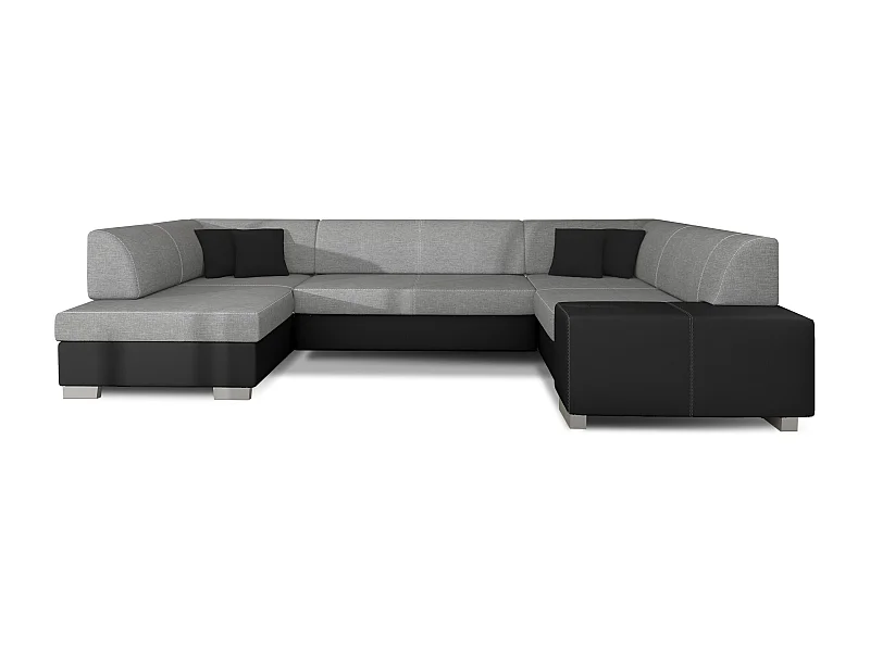 Canapé convertible panoramique bi matières tissu gris clair et simili cuir noir avec coffre de rangement Houston 320cm-Coffre de rangement à gauche