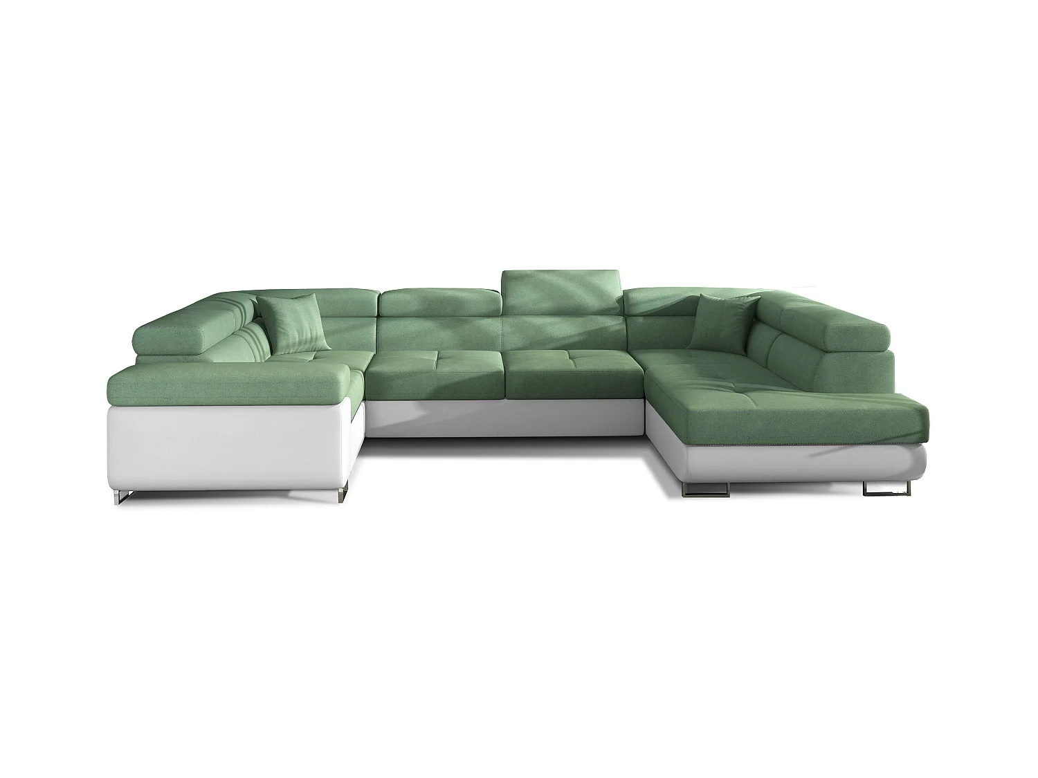 Canapé convertible U droit tissu vert et simili blanc avec coffre de rangement Tovy 340cm