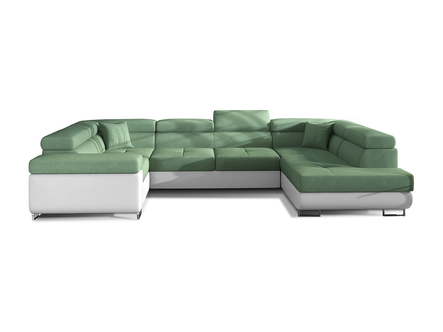 Canapé convertible U droit tissu vert et simili blanc avec coffre de rangement Tovy 340cm