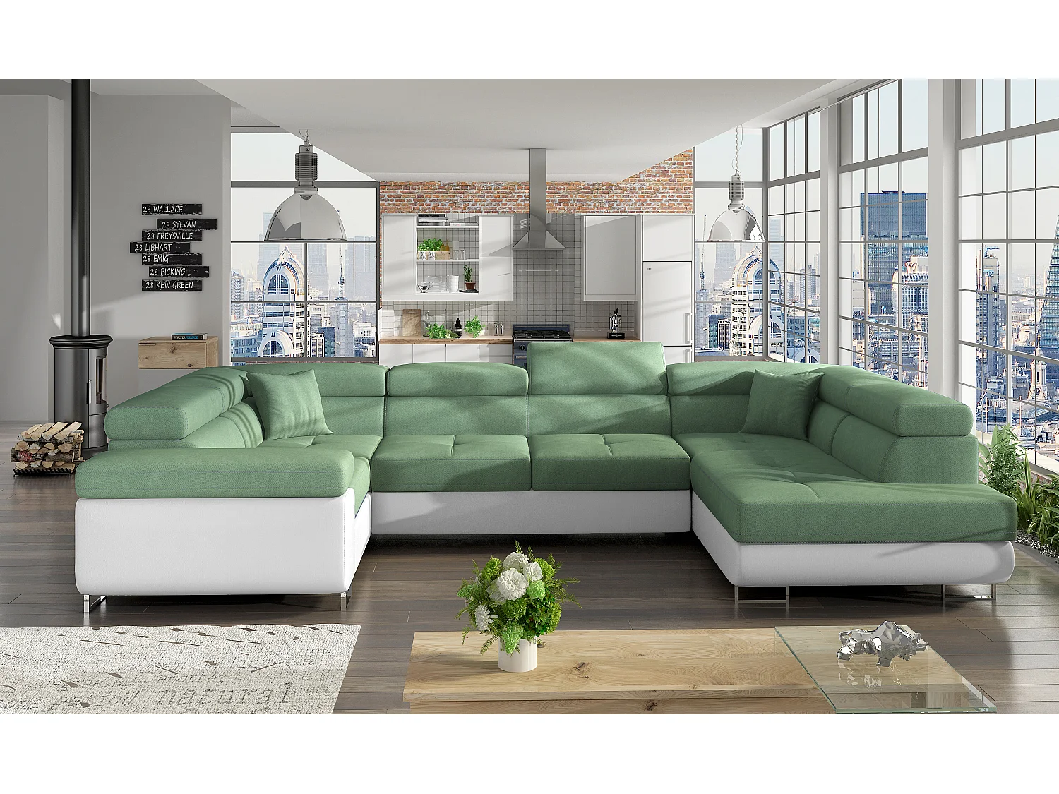 Canapé convertible U droit tissu vert et simili blanc avec coffre de rangement Tovy 340cm