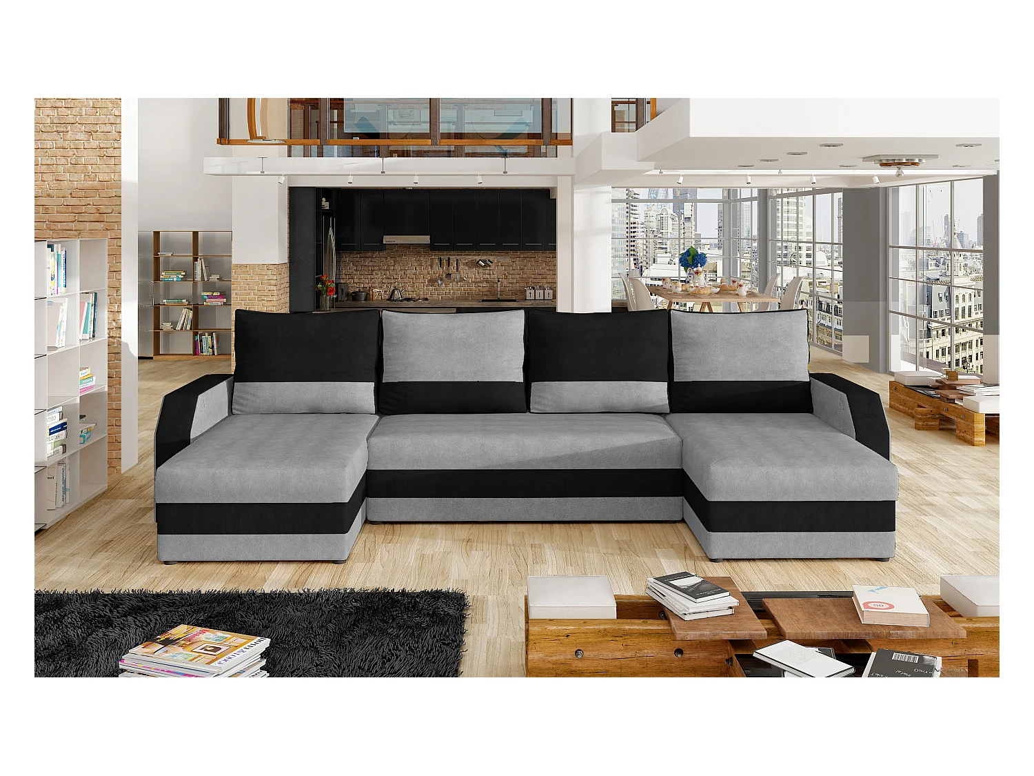 Canapé d'angle convertible panoramique bicolore velours gris clair et gris foncé Nordy 307cm