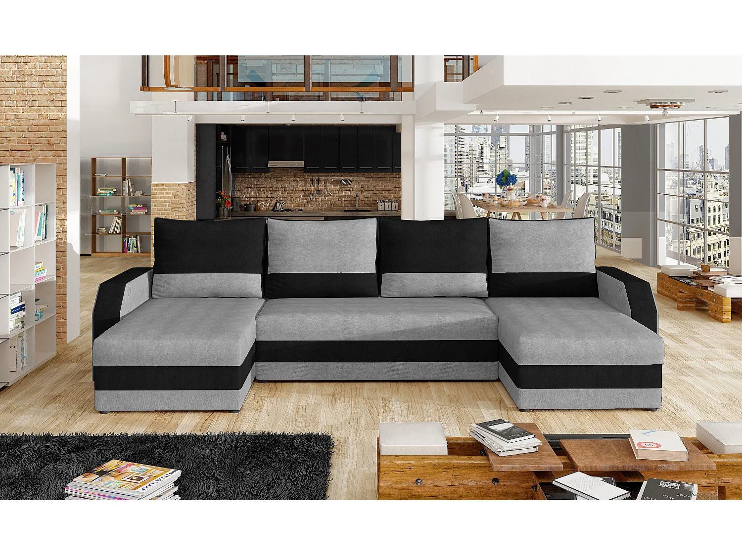 Canapé d'angle convertible panoramique bicolore velours gris clair et gris foncé Nordy 307cm