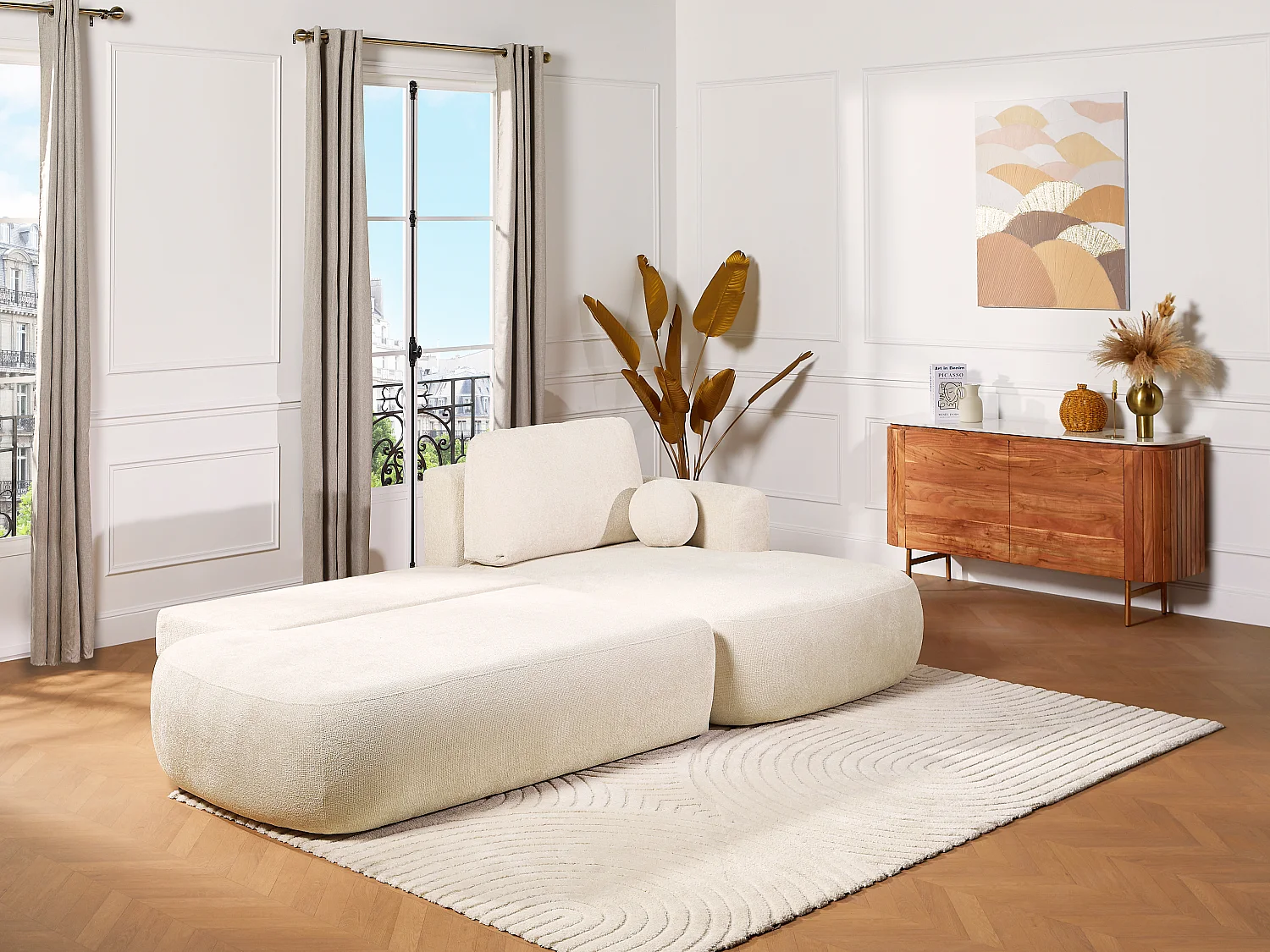 Canapé d'angle droit convertible en tissu chenille beige BROCARO de Maison Céphy