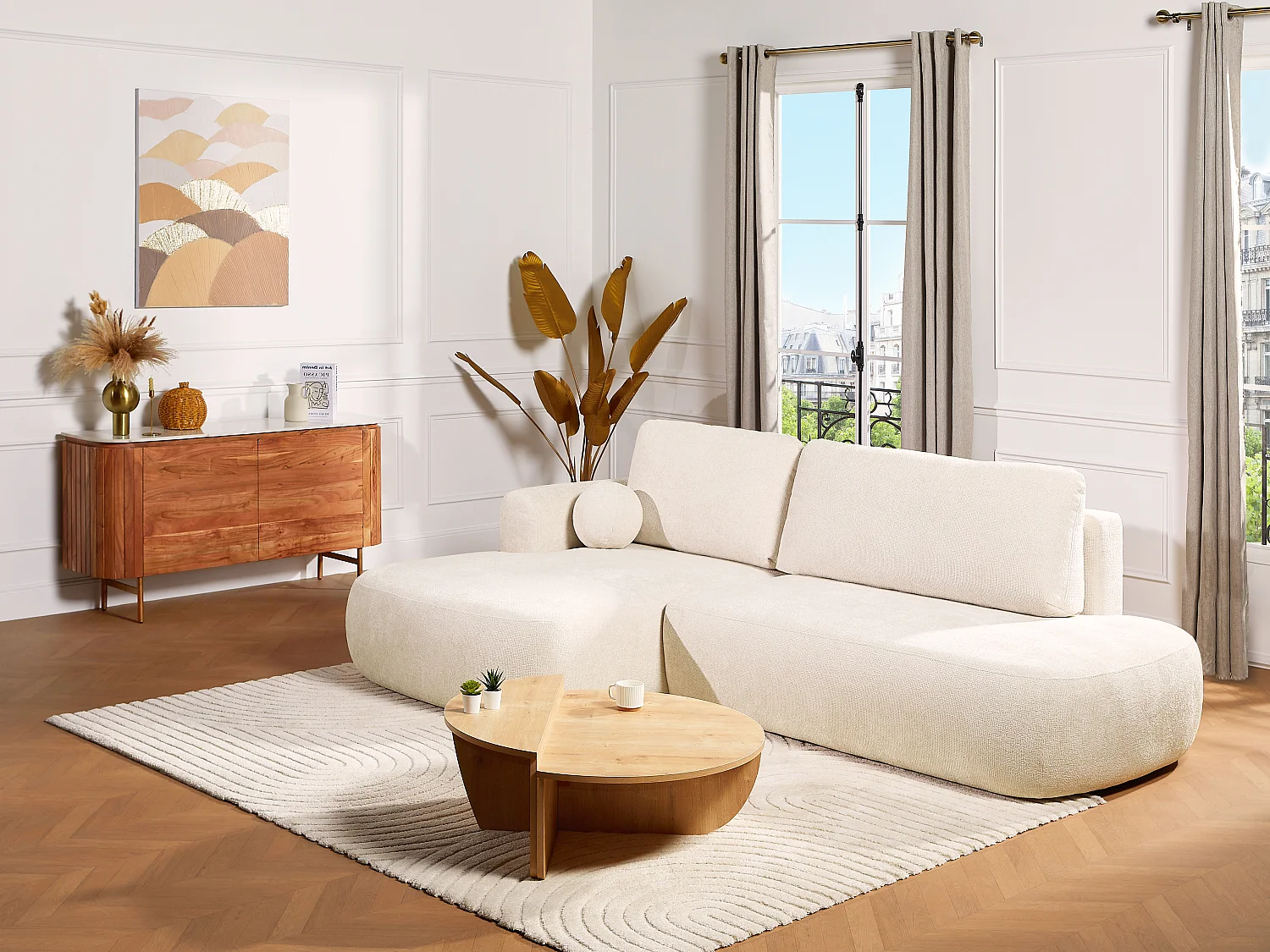 Ecksofa mit Schlaffunktion - Ecke links - Chenille-Stoff - Beige - BROCARO von Maison Céphy