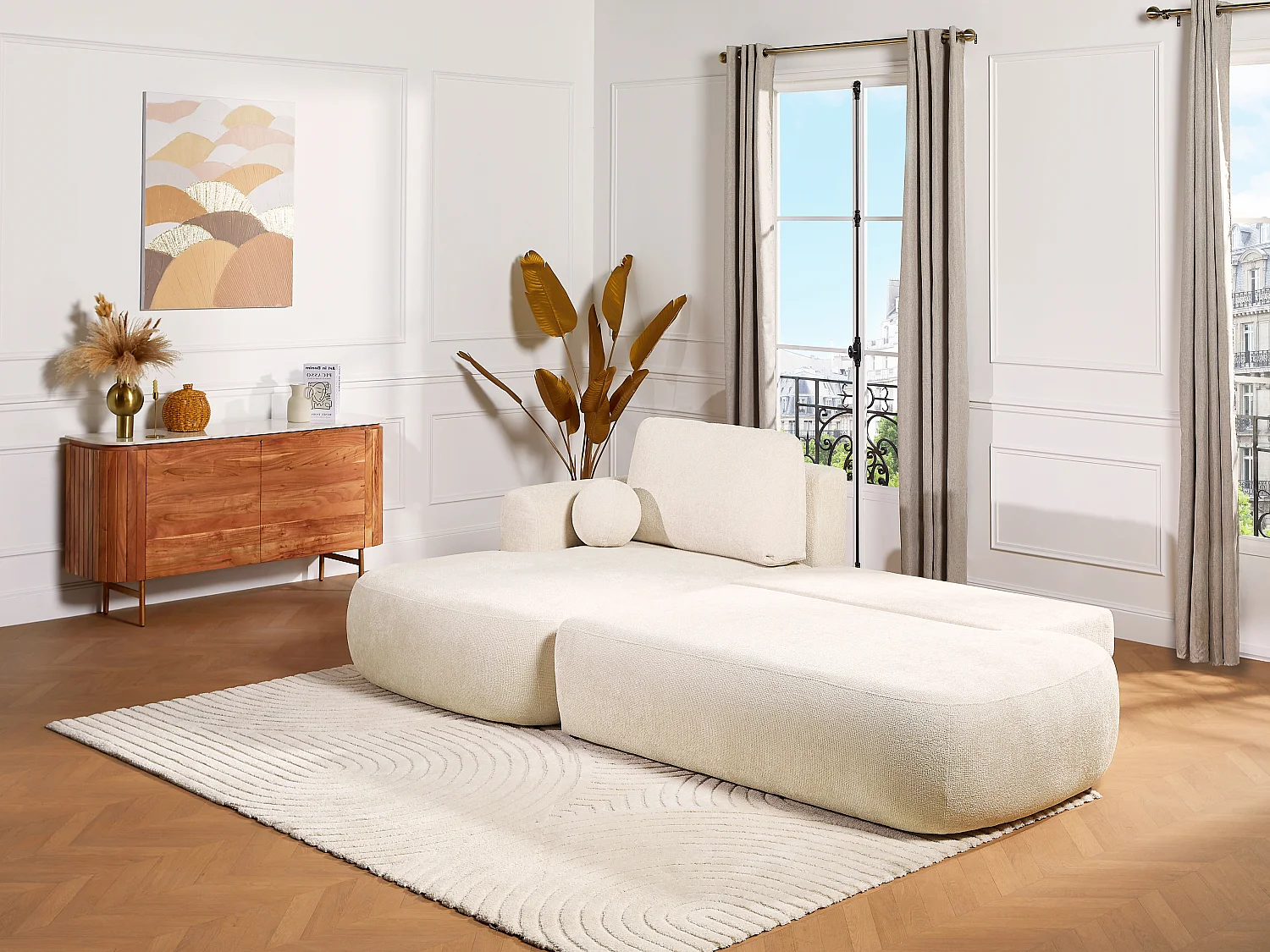 Canapé d'angle gauche convertible en tissu chenille beige BROCARO de Maison Céphy