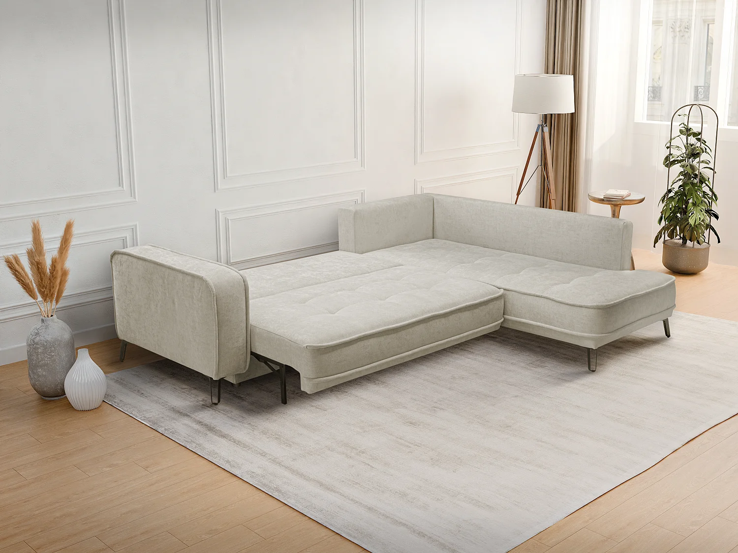 Höger hörnsoffa med sovfunktion i beigt tyg BALCORIA från Maison Céphy