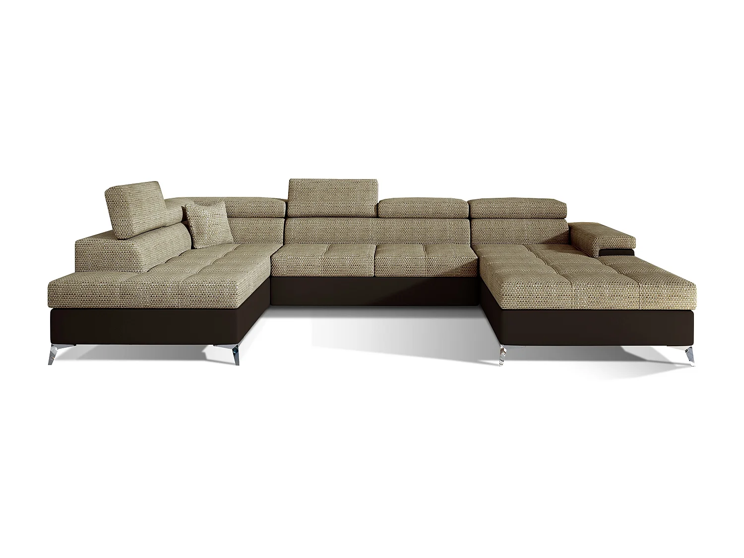 Canapé panoramique bi-matières tissu beige chiné et simili cuir marron coffre de rangement à gauche Kutty 345cm