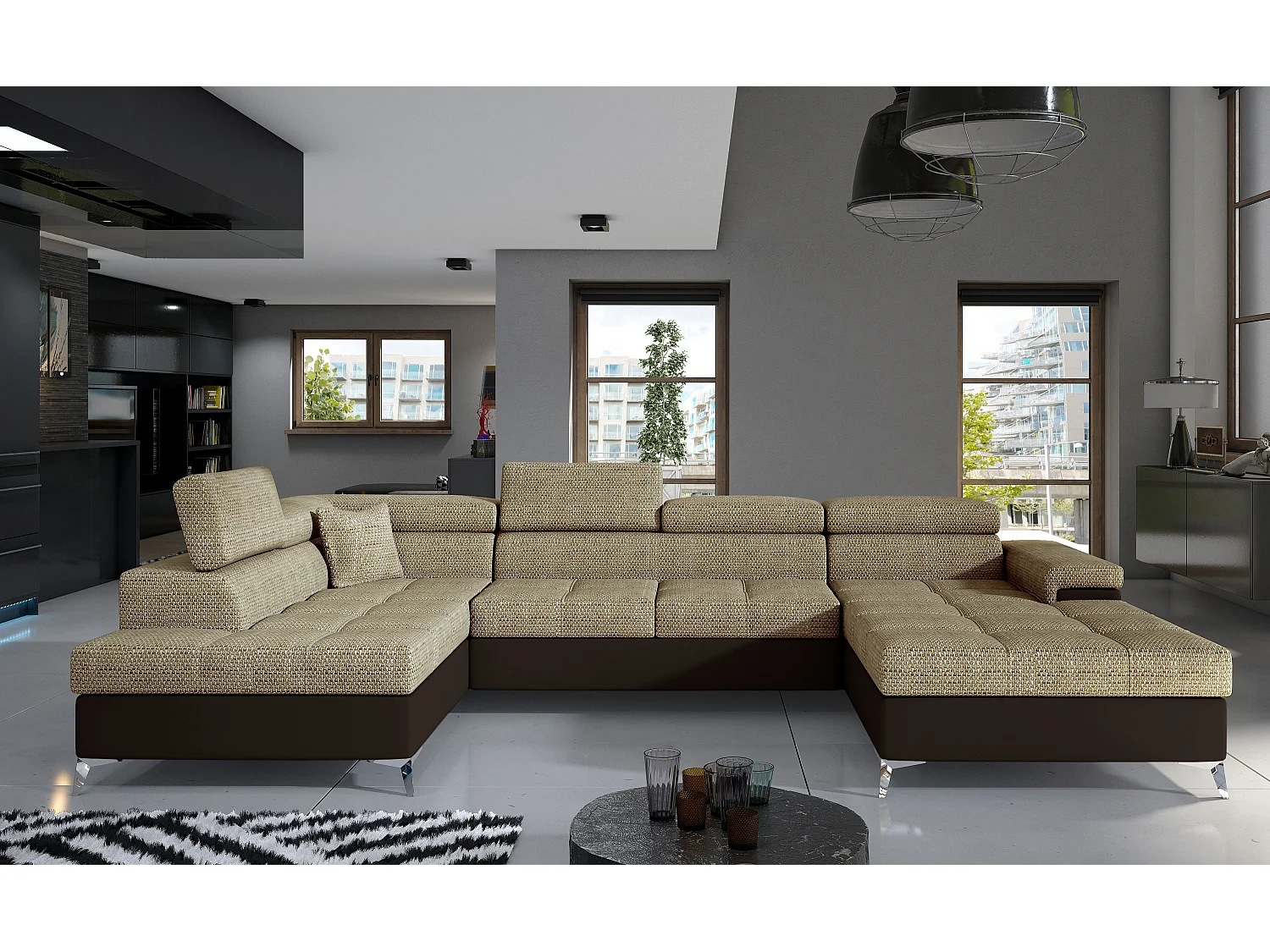 Canapé panoramique bi-matières tissu beige chiné et simili cuir marron coffre de rangement à gauche Kutty 345cm