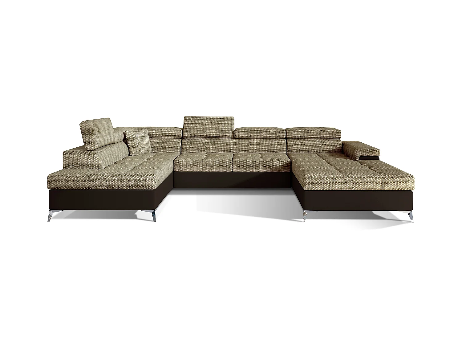 Canapé panoramique bi-matières tissu beige chiné et simili cuir marron coffre de rangement à gauche Kutty 345cm