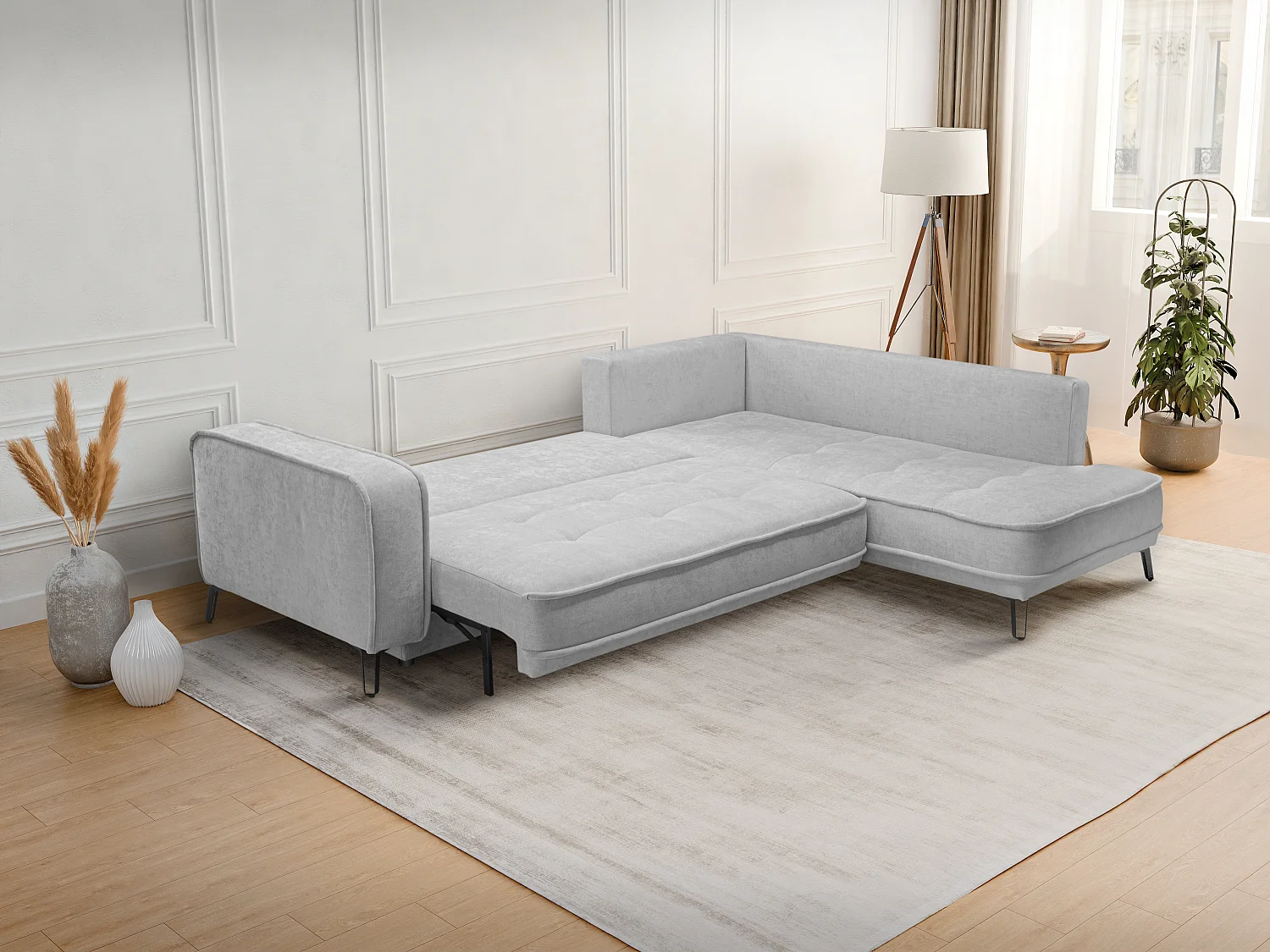 Canapé d'angle droit convertible en tissu gris clair BALCORIA de Maison Céphy