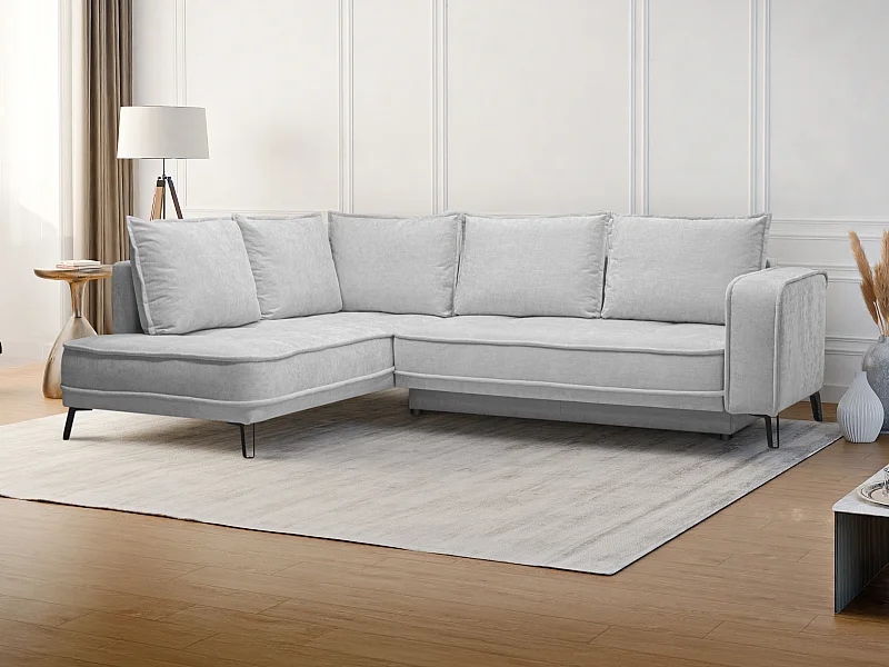 Canapé d'angle gauche convertible en tissu gris clair BALCORIA de Maison Céphy