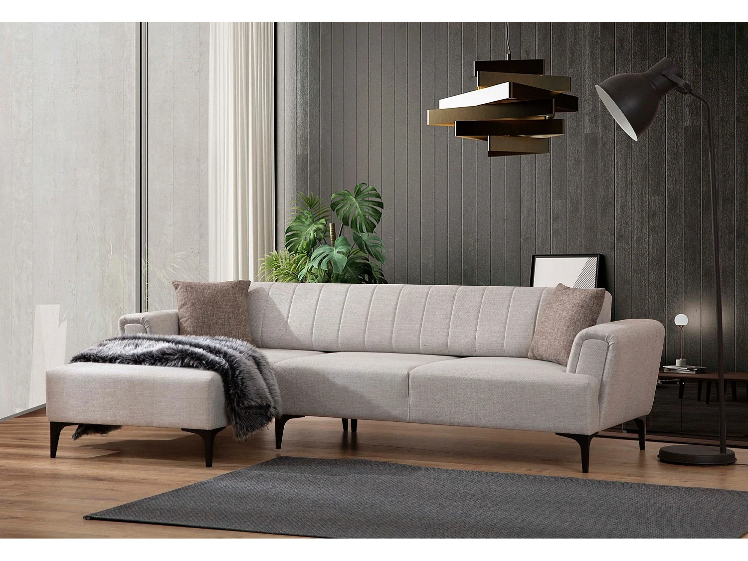 Canapé d'angle à gauche convertible Devinos Tissu Écru