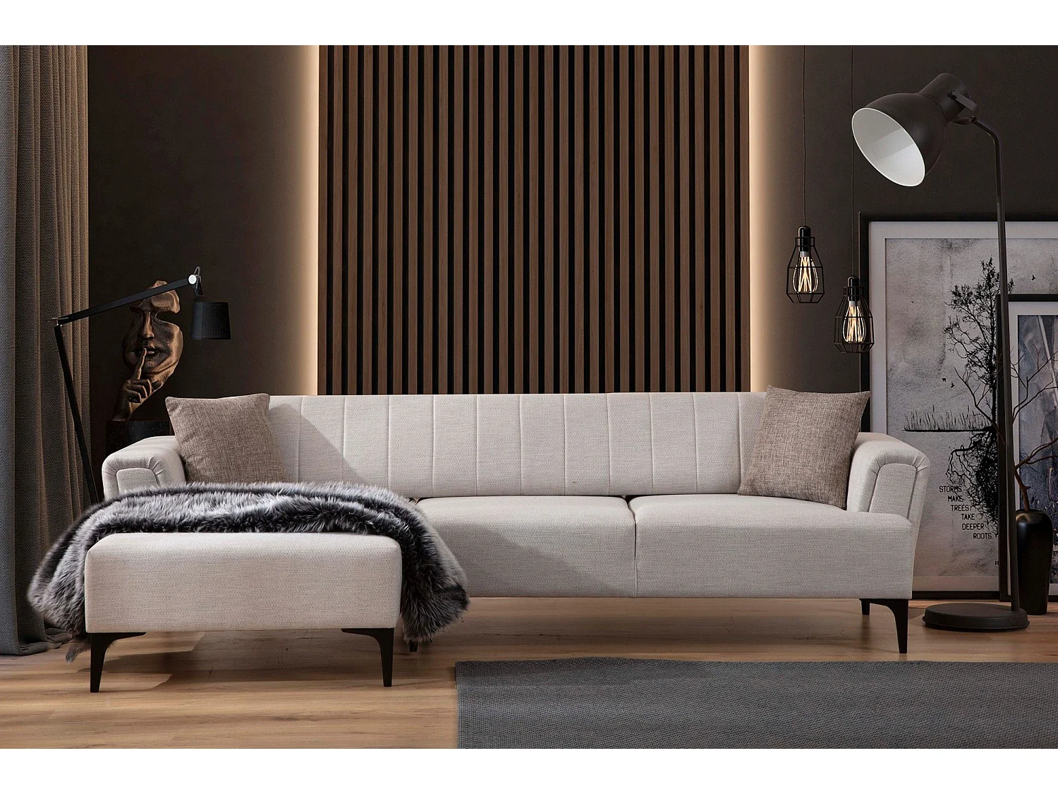 Canapé d'angle à gauche convertible Devinos Tissu Écru