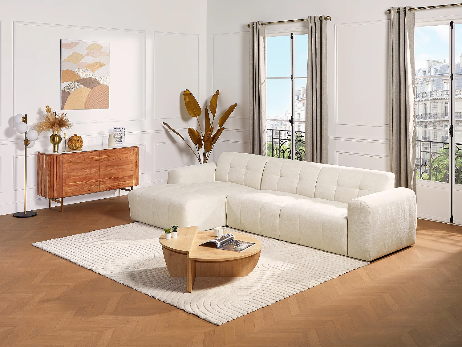 Canapé d'angle gauche en tissu texturé blanc ivoire FRISALO de Pascal Morabito