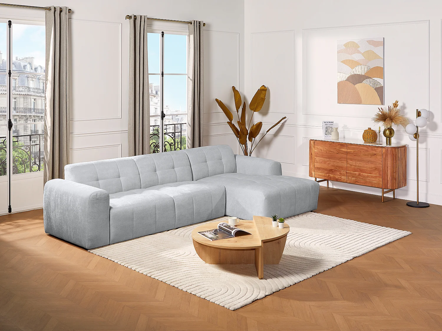 Höger hörnsoffa i grått texturerat tyg FRISALO