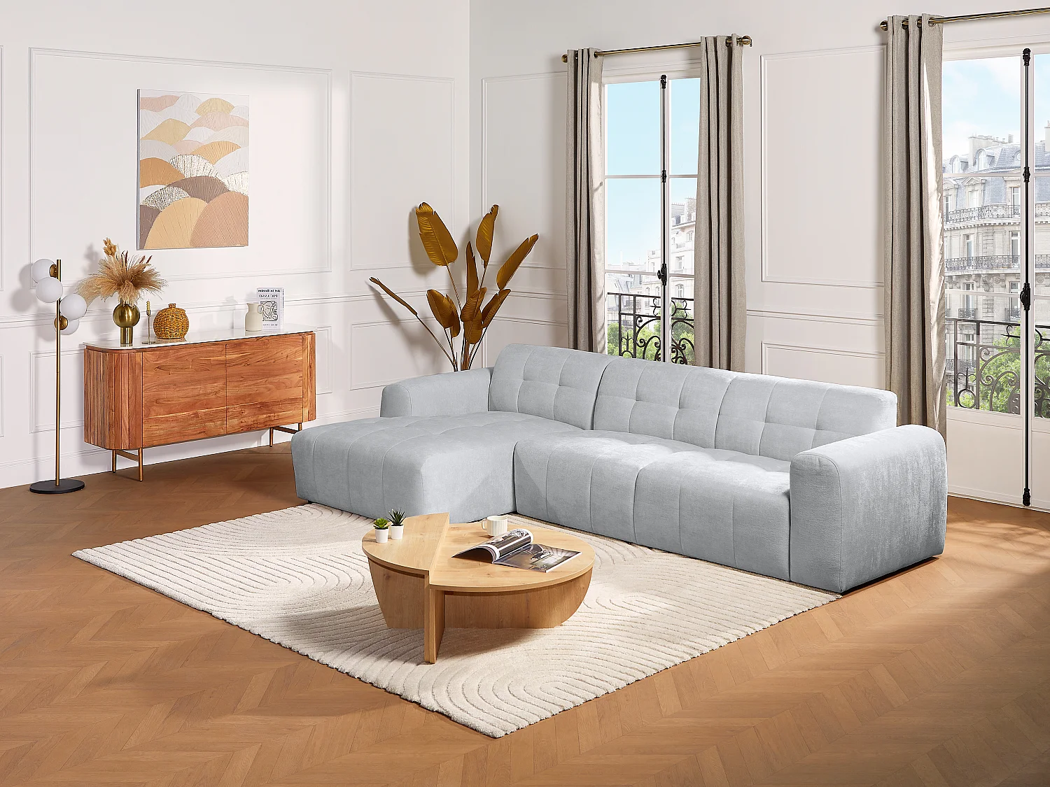 Vänstervänd hörnsoffa i grå texturerad tyg FRISALO