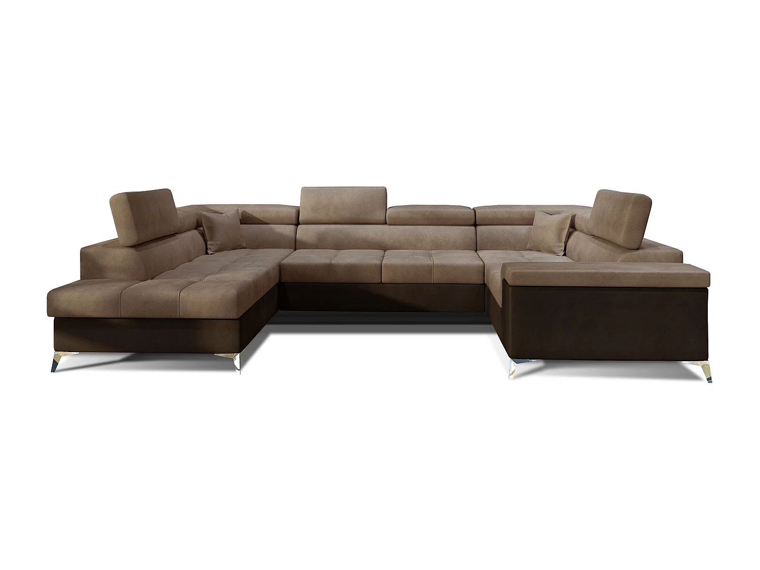 Canapé panoramique convertible velours marron clair et marron foncé avec coffre de rangement Triano 342cm-Coffre de rangement à gauche