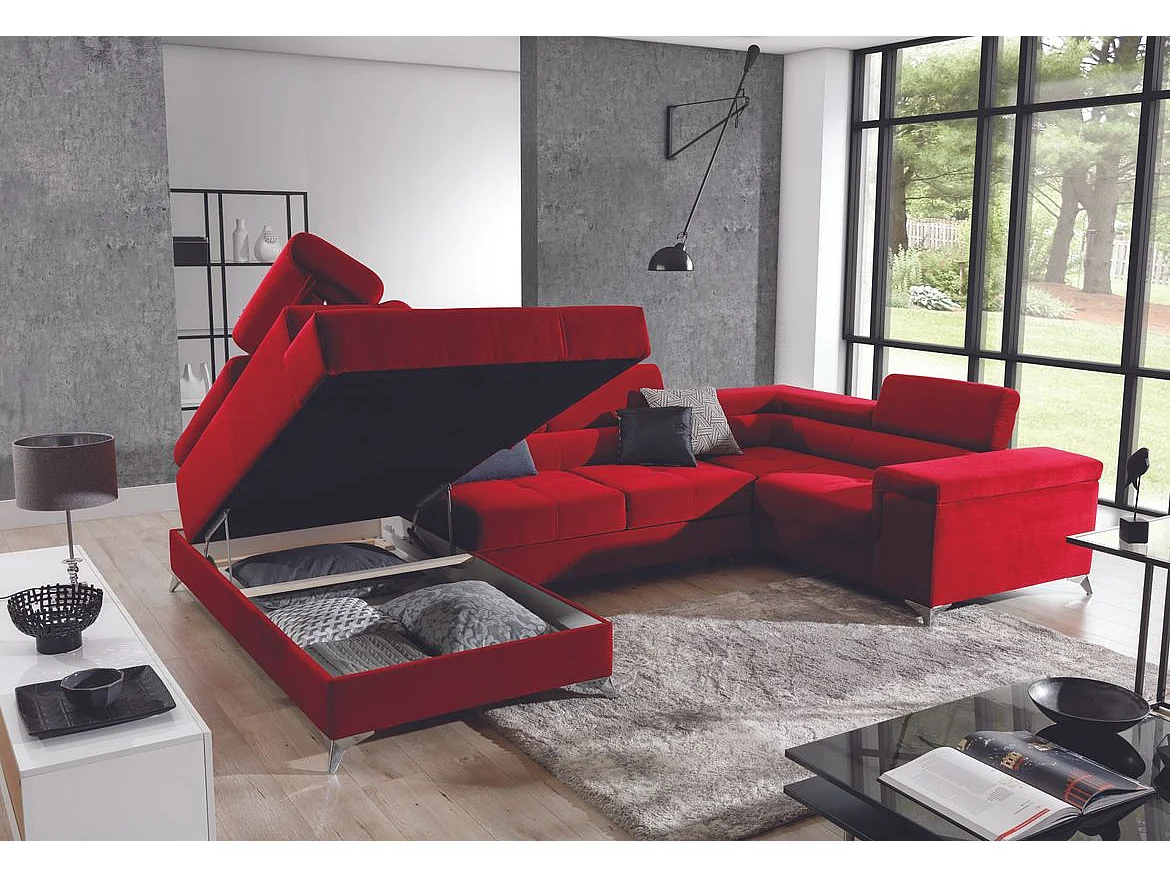 Canapé panoramique convertible velours marron clair et marron foncé avec coffre de rangement Triano 342cm-Coffre de rangement à gauche