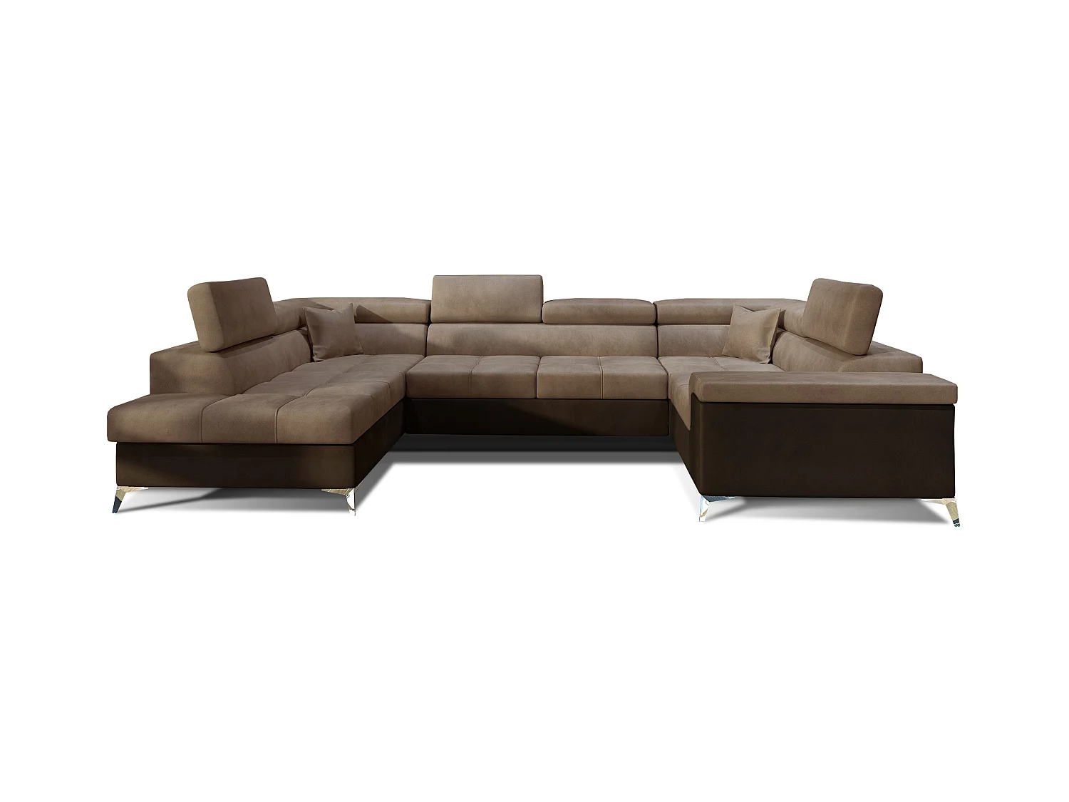 Canapé panoramique convertible velours marron clair et marron foncé avec coffre de rangement Triano 342cm-Coffre de rangement à gauche