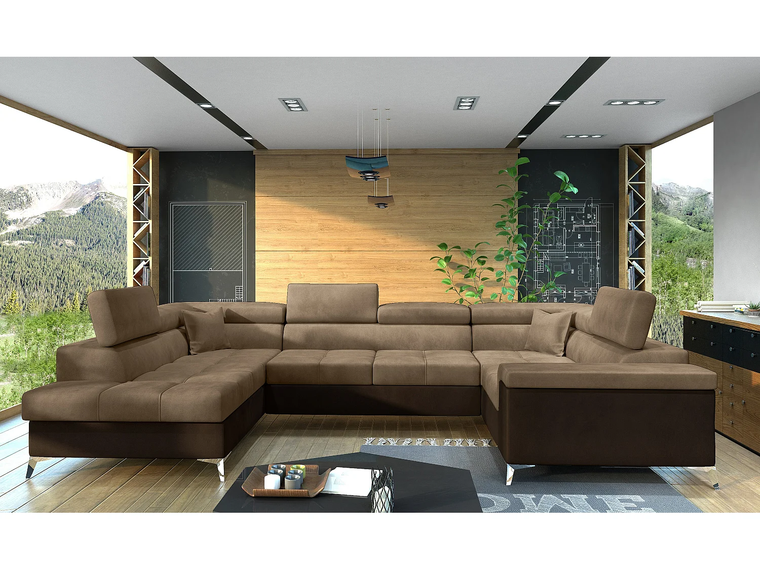 Canapé panoramique convertible TRIANO velours - têtières réglables-Marron foncé/Marron clair-Coffre à gauche