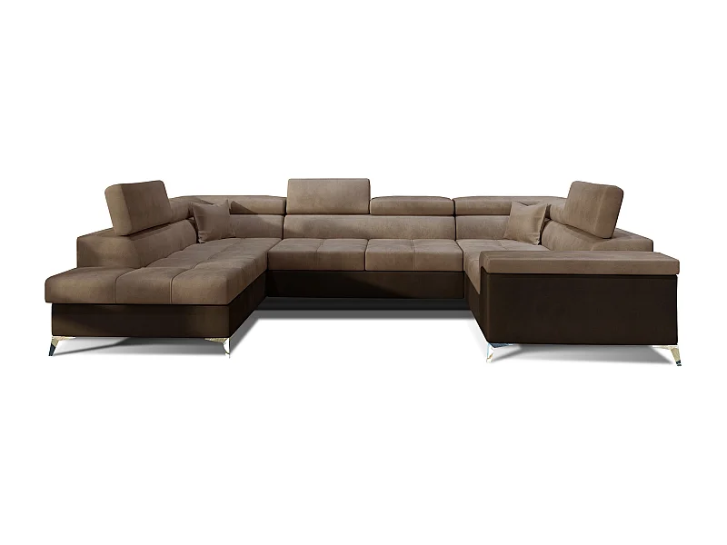 Canapé panoramique convertible velours marron clair et marron foncé avec coffre de rangement Triano 342cm-Coffre de rangement à gauche